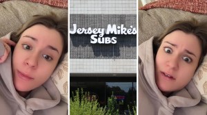 woman shares take out experience (l) Jersey Mike's front door (c) woman shares food order (r)