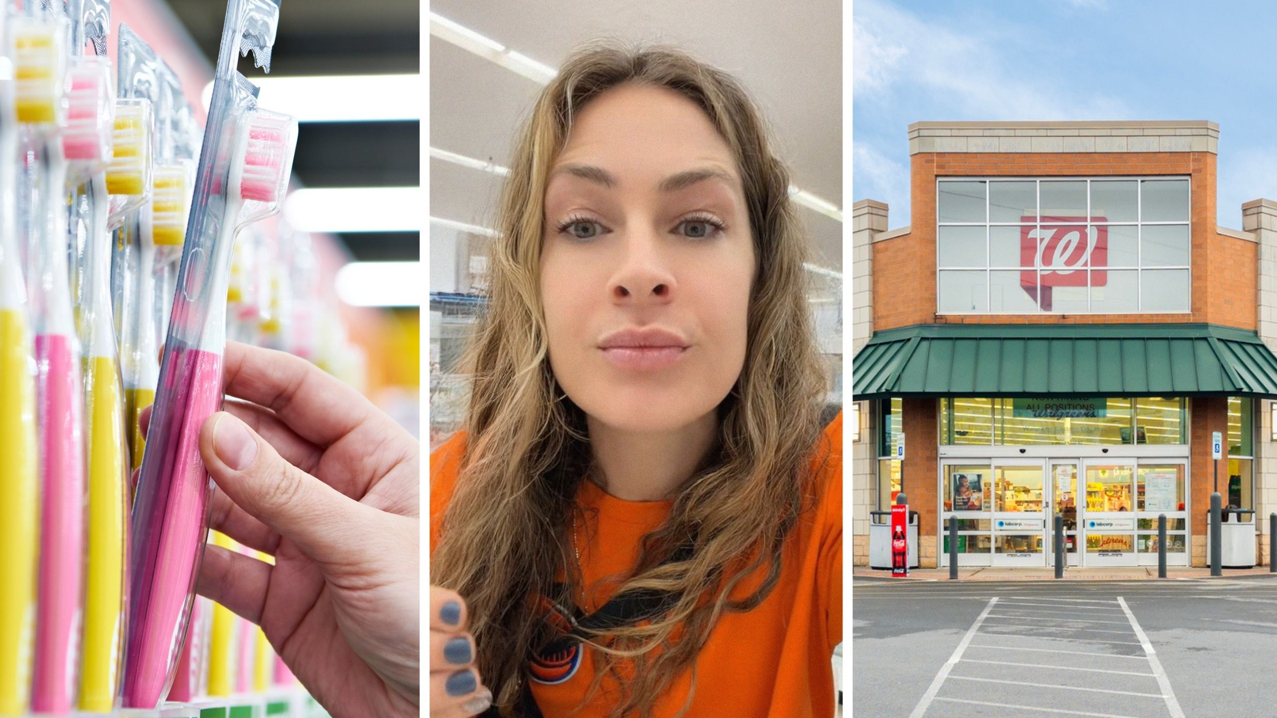 toothbrushes (l) woman shares walgreens encounter (c) Walgreens storefront (r)
