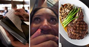 total bill (l) woman shares steakhouse experience (c) Tomahawk steak and mushrooms (r)