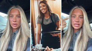 woman shares restaurant experience (l) waitress comes to table (c) woman shares server concern (r)