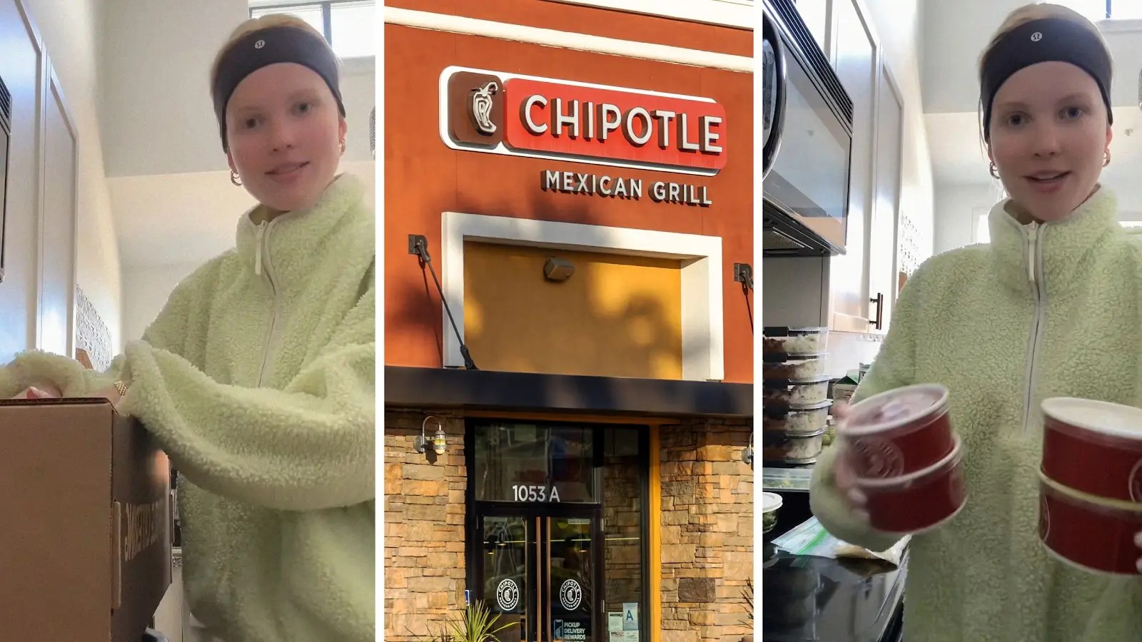 woman shares food order (l) Chipotle front door (c) woman holding salsas (r)
