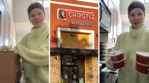 woman shares food order (l) Chipotle front door (c) woman holding salsas (r)