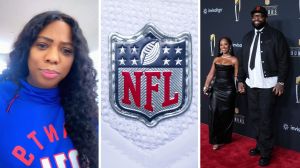 woman reports on nfl honors (l) nfl logo (c) Nfl player and accompaniment (r)