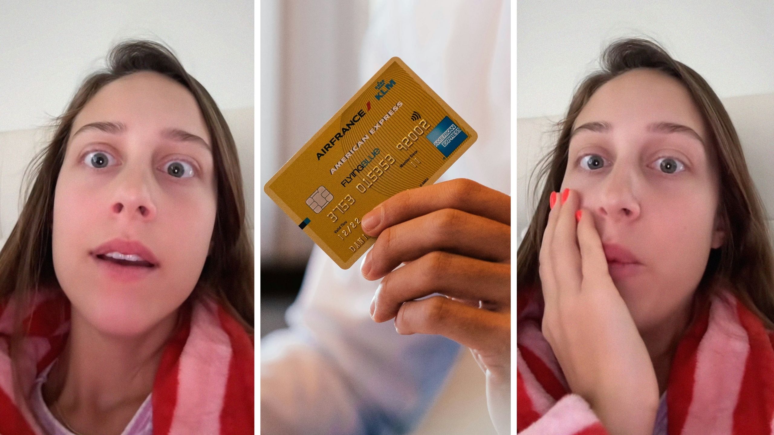 woman shares card opinion (l) American express card (c) woman express her feelings towards credit card (r)