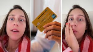 woman shares card opinion (l) American express card (c) woman express her feelings towards credit card (r)