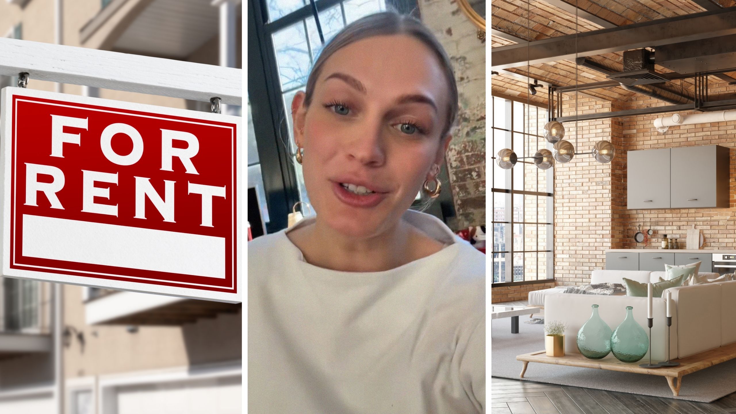 for rent sign (l) woman shares loft issue (c) lost interior (r)