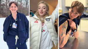 woman sends message to olympian (l) Amber Glenn (c) woman showing her tattoos (r)
