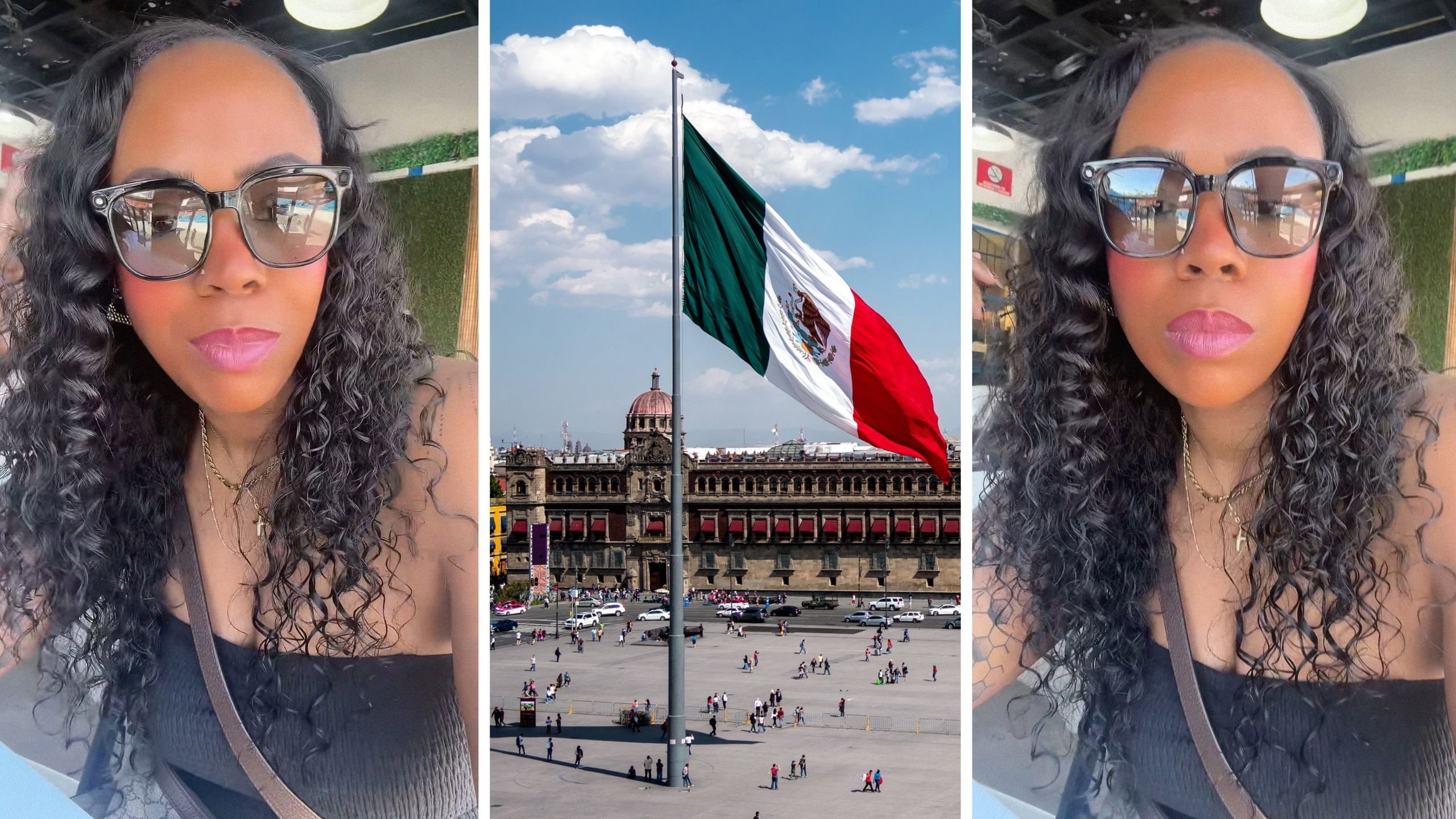 woman in smart glasses (l) mexico city (c) woman shares perks of smart glasses in Mexico (r)