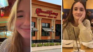 woman shares cheesecake factory experience (l) the cheesecake factory entrance (c) woman waiting on food service (r)