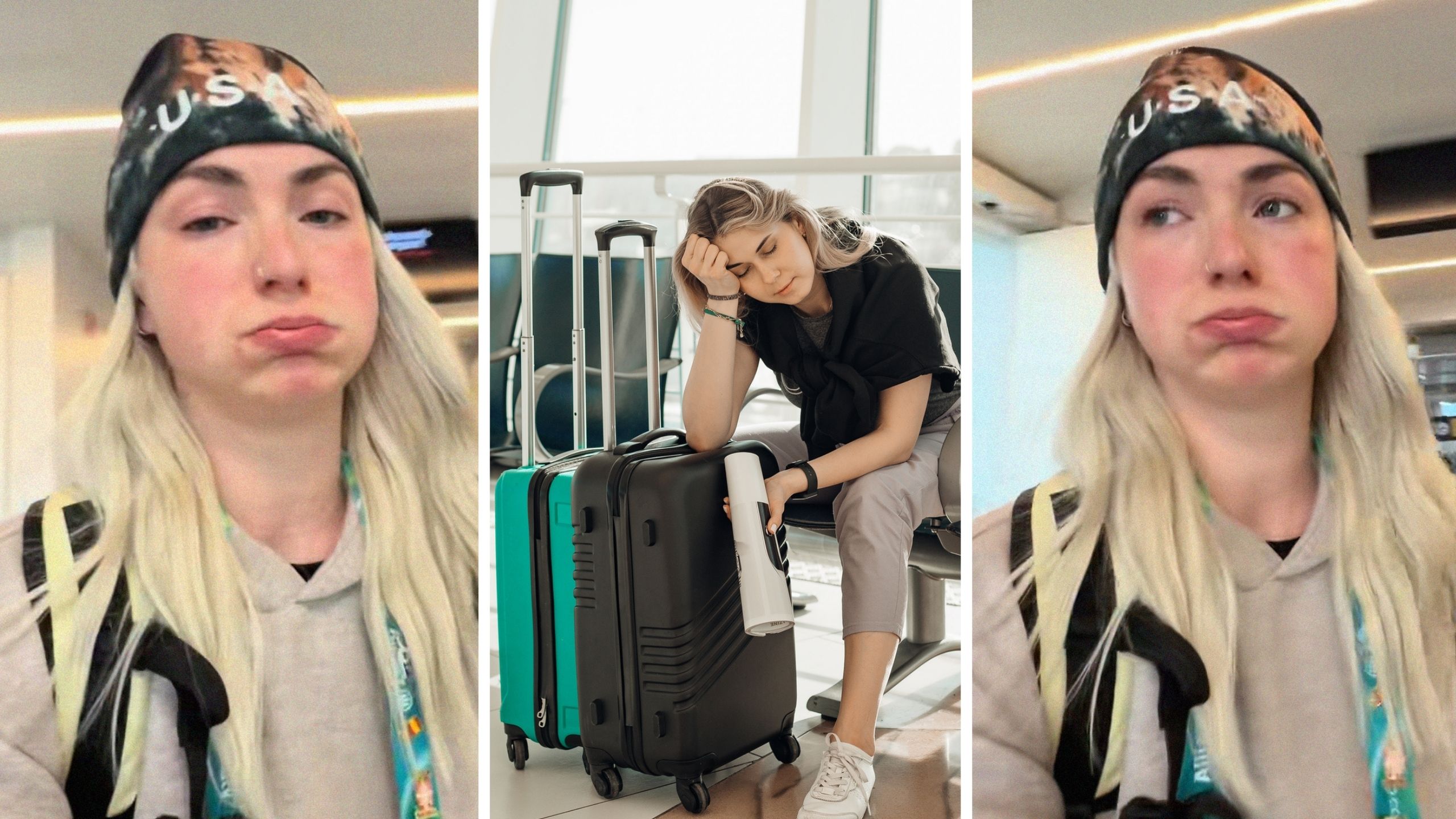 woman shares airport issue (l) woman goes through hard time at airport (c) woman shares after olympics treatment (r)