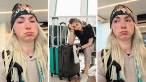 woman shares airport issue (l) woman goes through hard time at airport (c) woman shares after olympics treatment (r)