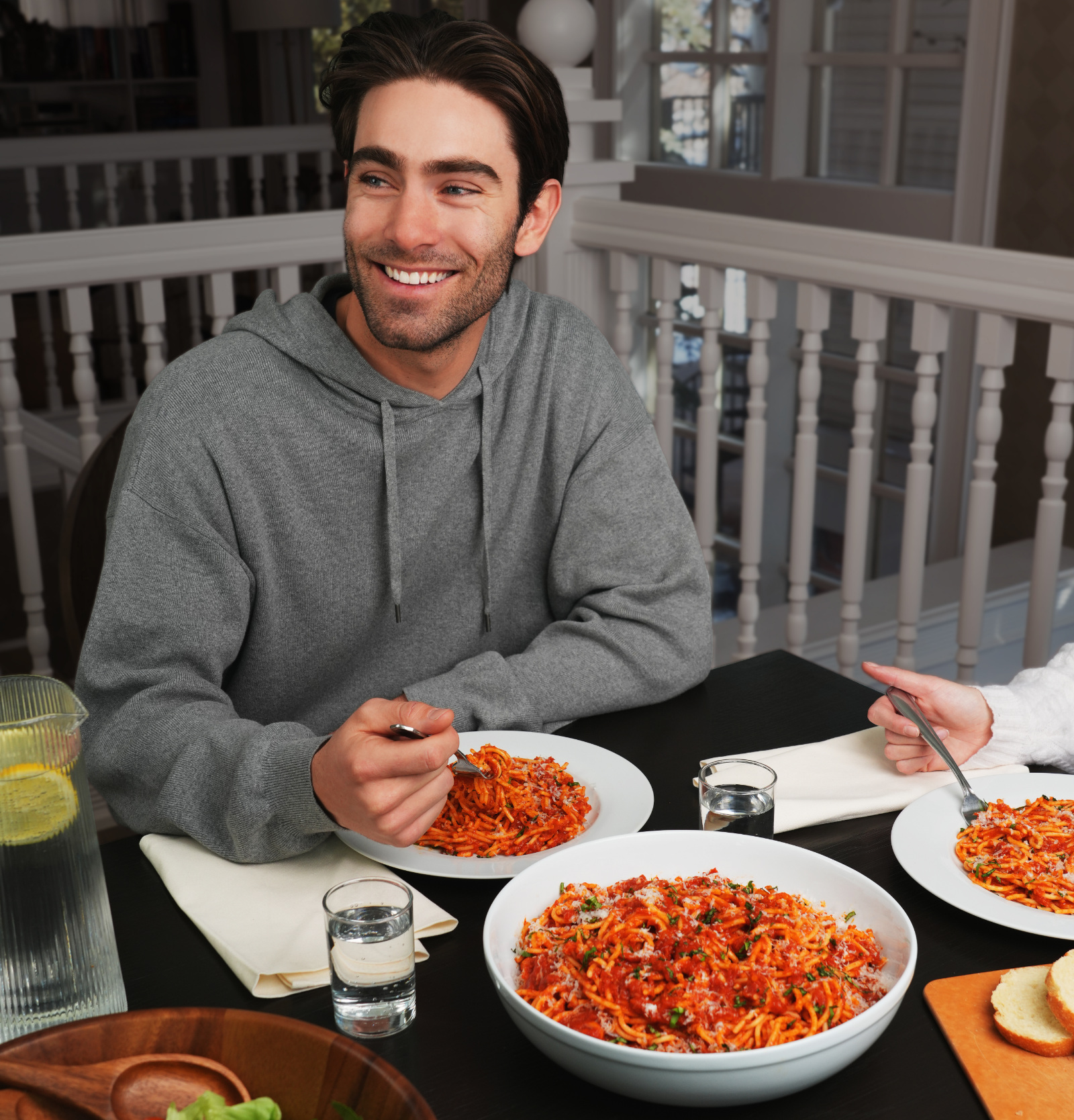 Team USA freestyle skier Alex Hall eating pasta