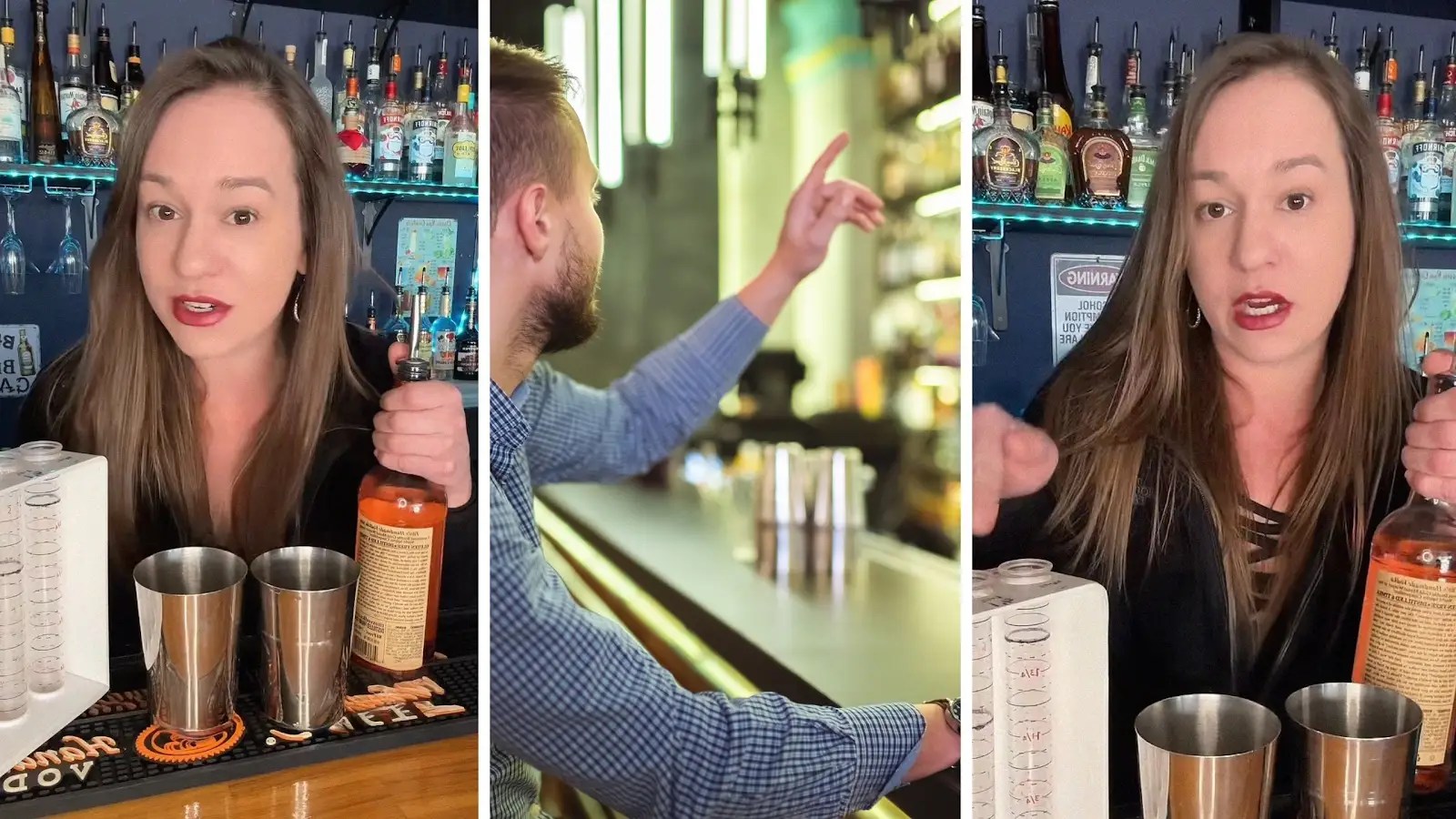 woman shares bartender tricks (l) man ordering strong drink (c) woman shows how to pour alcohol (r)