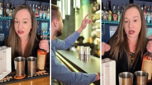woman shares bartender tricks (l) man ordering strong drink (c) woman shows how to pour alcohol (r)