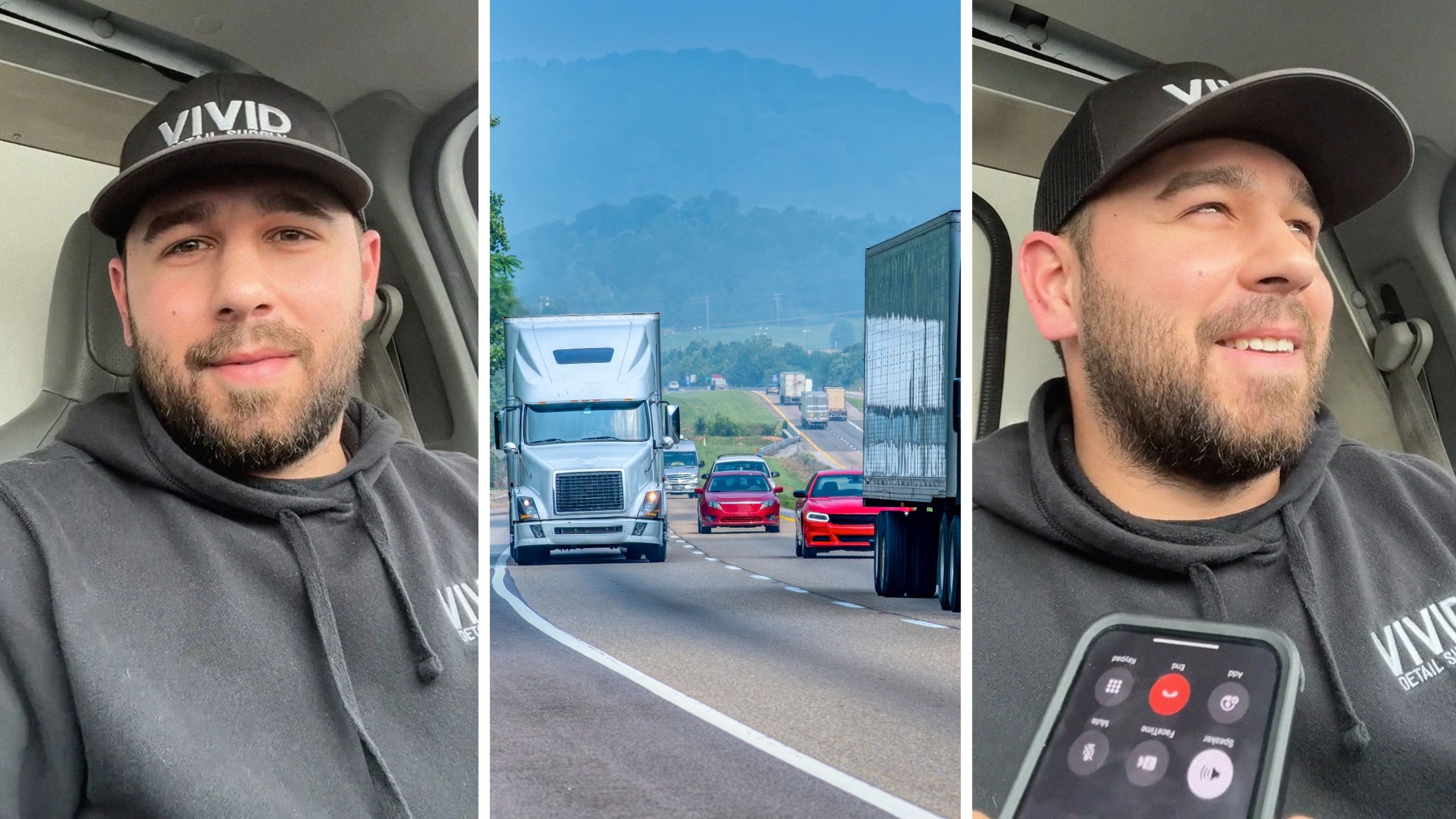 man shares high way issues (l) truck on highway (c) man on a phone call (r)