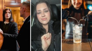 Couple at a bar(l) female Bartender sharing her experience with couple(c) Bartender making a drink(r)