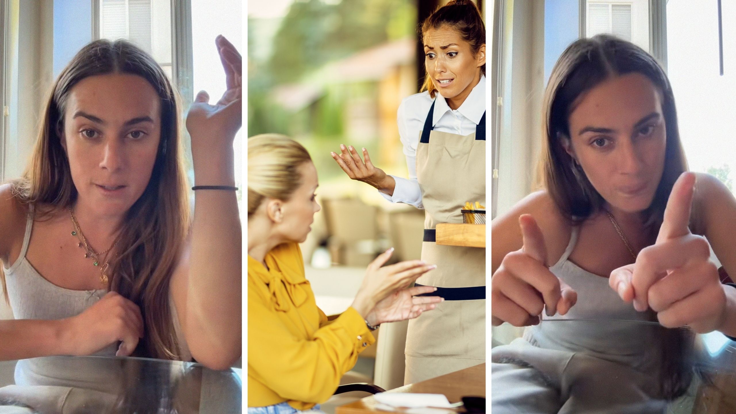 woman shares opinion on dietary restrictions (l) waitress taking food orders (c) woman shares job experience (r)