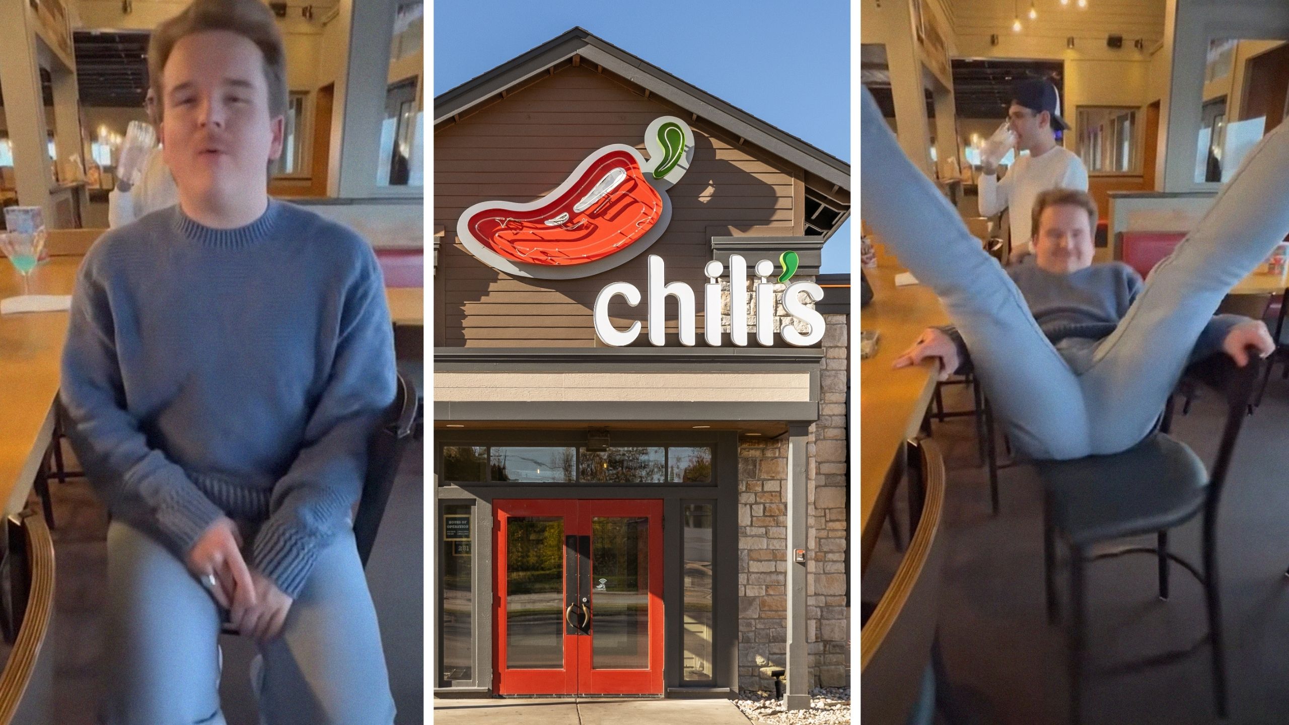 man shares day at chili's (l) chili's front door (c) man in bar stool (r)