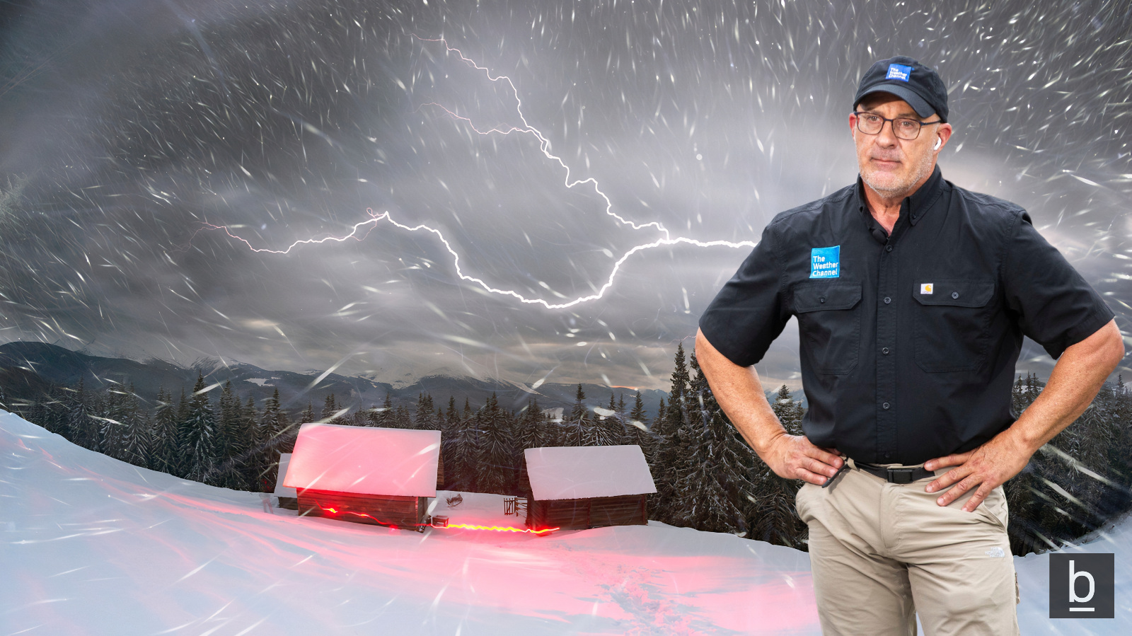 Weather Channel meteorologist in front of imge of Thundersnow