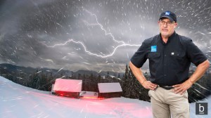 Weather Channel meteorologist in front of imge of Thundersnow