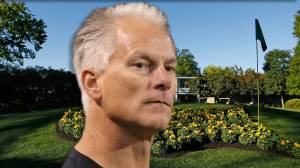 Kenny Mayne in front of Augusta National clubhouse