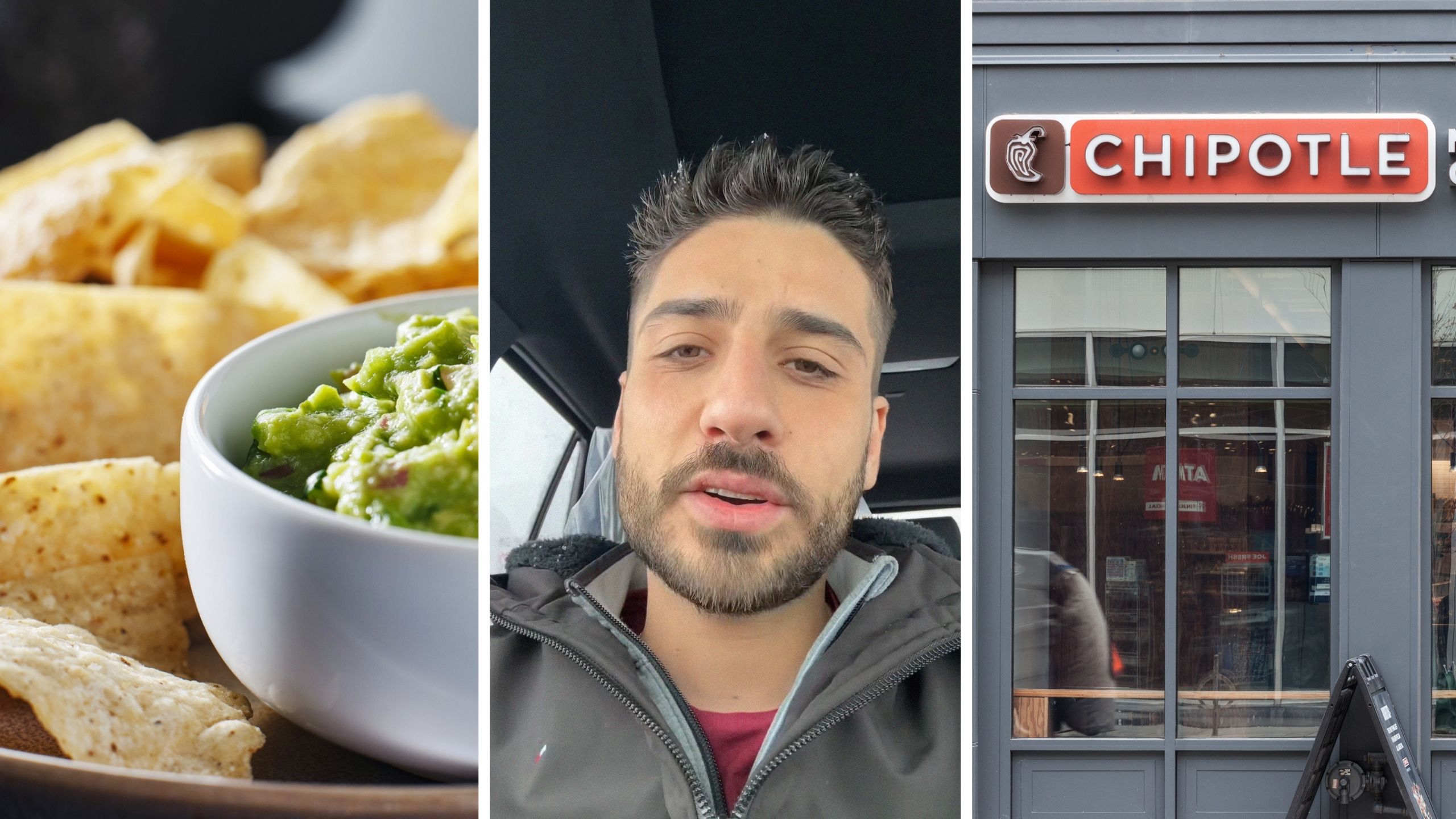 Chips and Guac (l) man shares chipotle experience (c) Chipotle entrance (r)