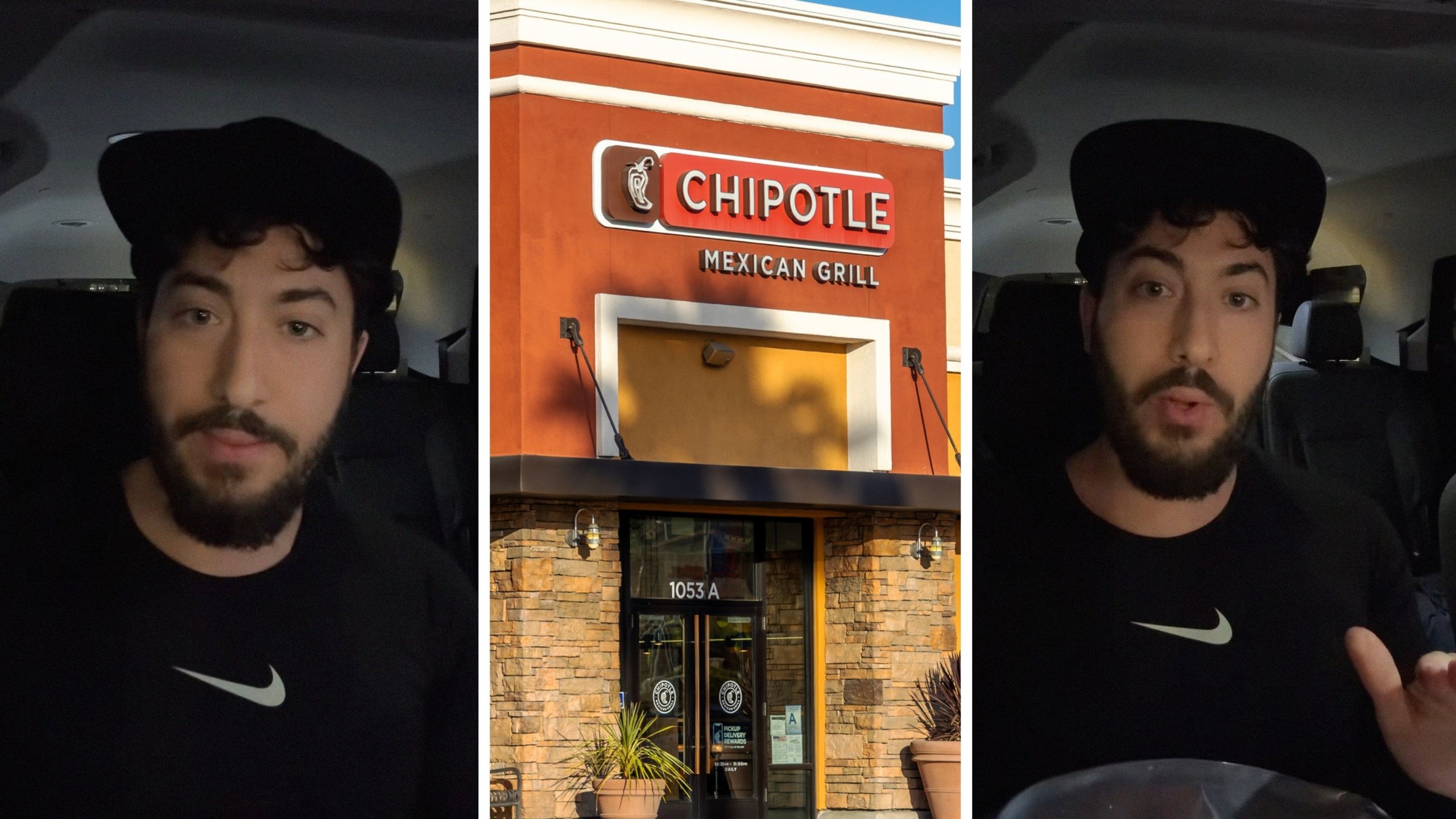 man shares chipotle issue (l) chipotle entrance (c) man shows his food order issue (r)
