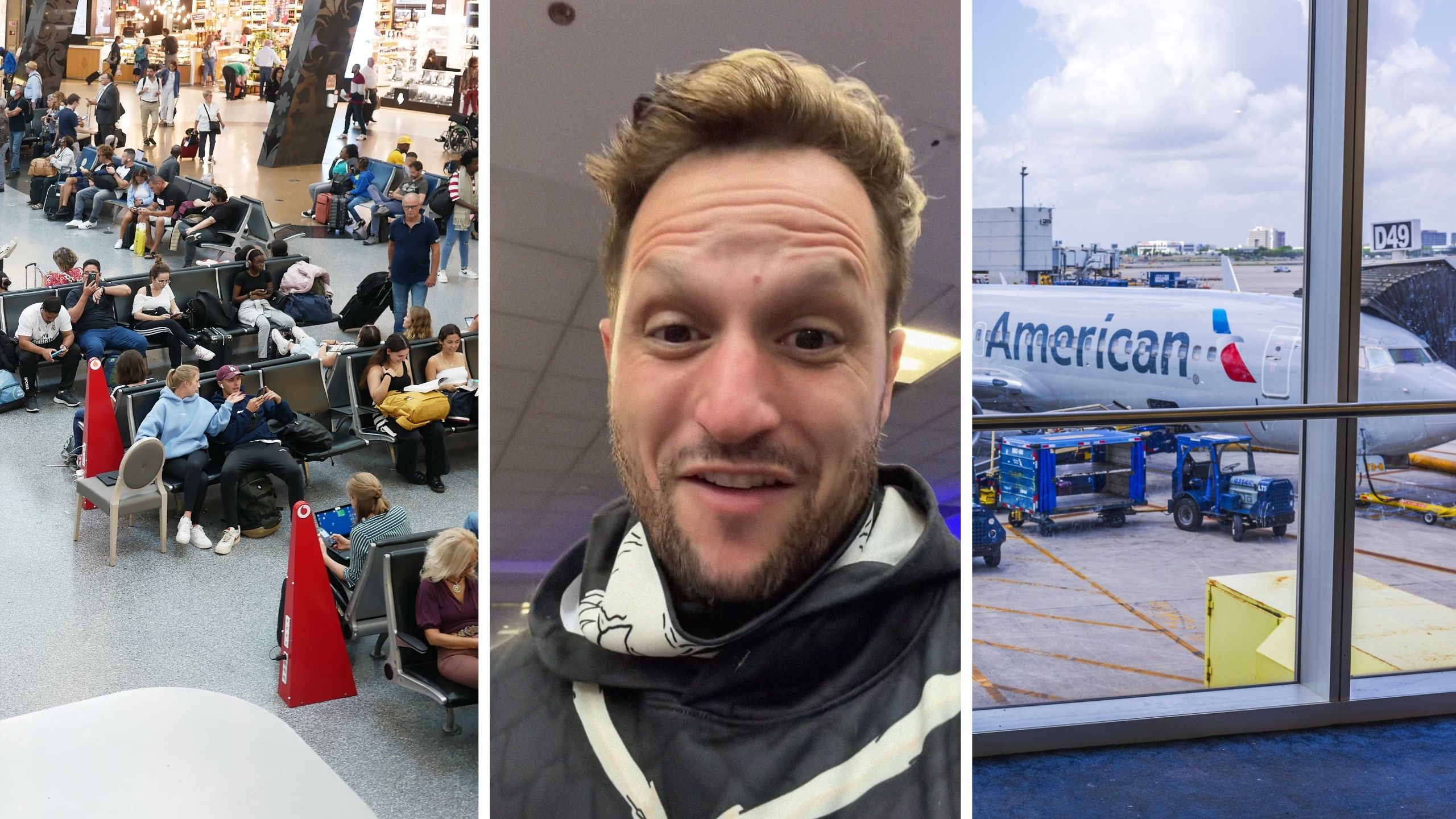 group of people at airport waiting on delayed flight (l) man shares flight issues (c) American airline aircraft (r)