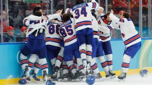 Team USA celebrates after beating Canada in hockey at 2026 Winter Olympics