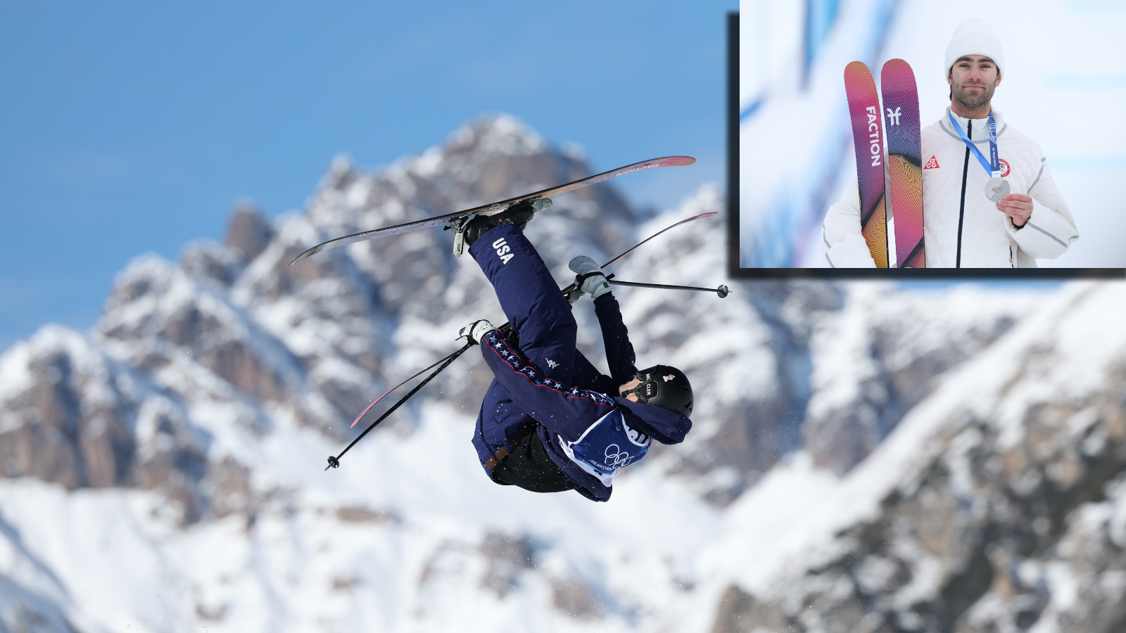 Team USA freestyle Skier Alex Hall displays his silver medal while doing a flip