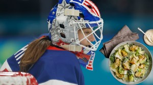 Team USA goalie Aerin Frankel staring at Caesar salad