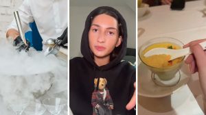 dry ice (l) woman shares restaurant experience (c) dessert with dry ice (r)
