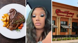 well done steak (l) woman shares date issue (c) the cheesecake factory entrance (r)