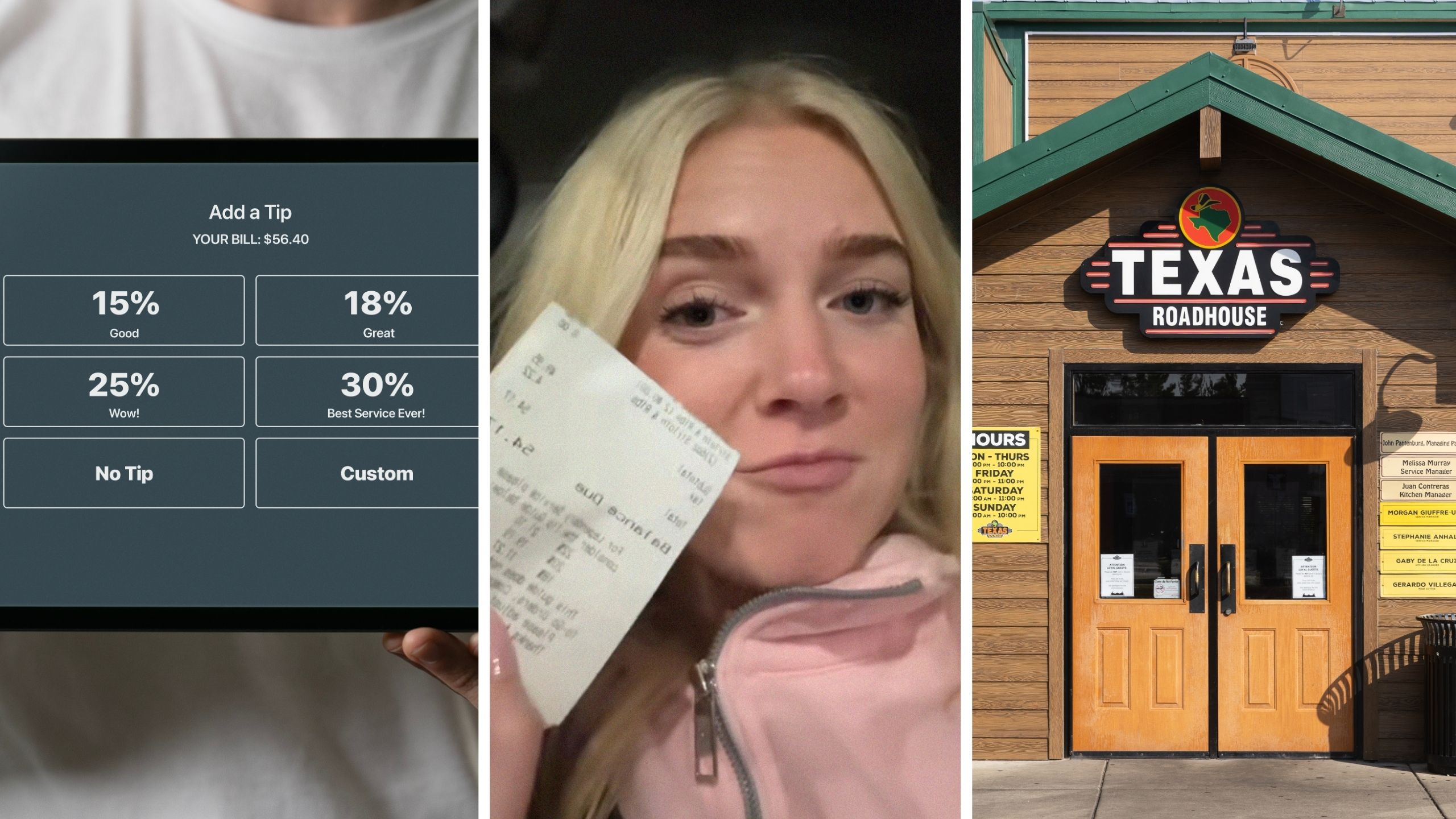 tipping section (l) woman shares texas roadhouse experience (c) Texas roadhouse front door (r)