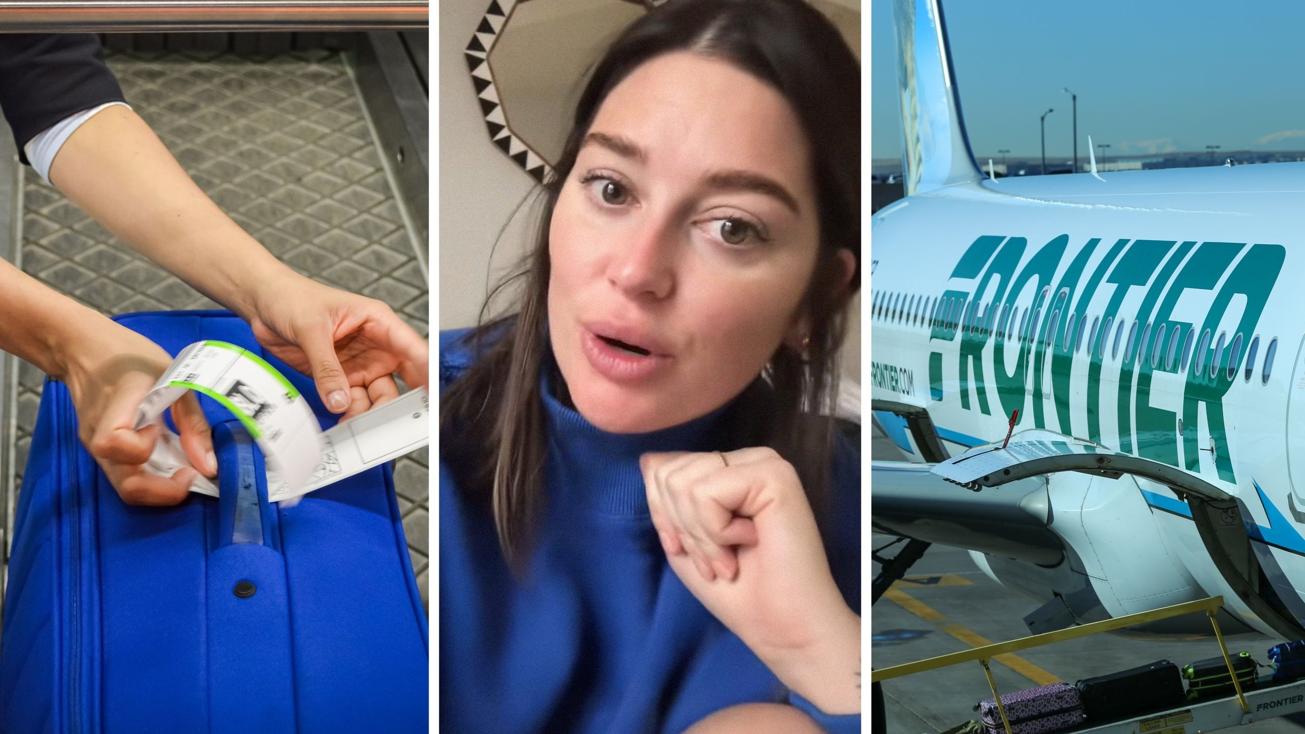 check-in bag being weighed (l) woman shares airline issue (c) Frontier airlines (r)