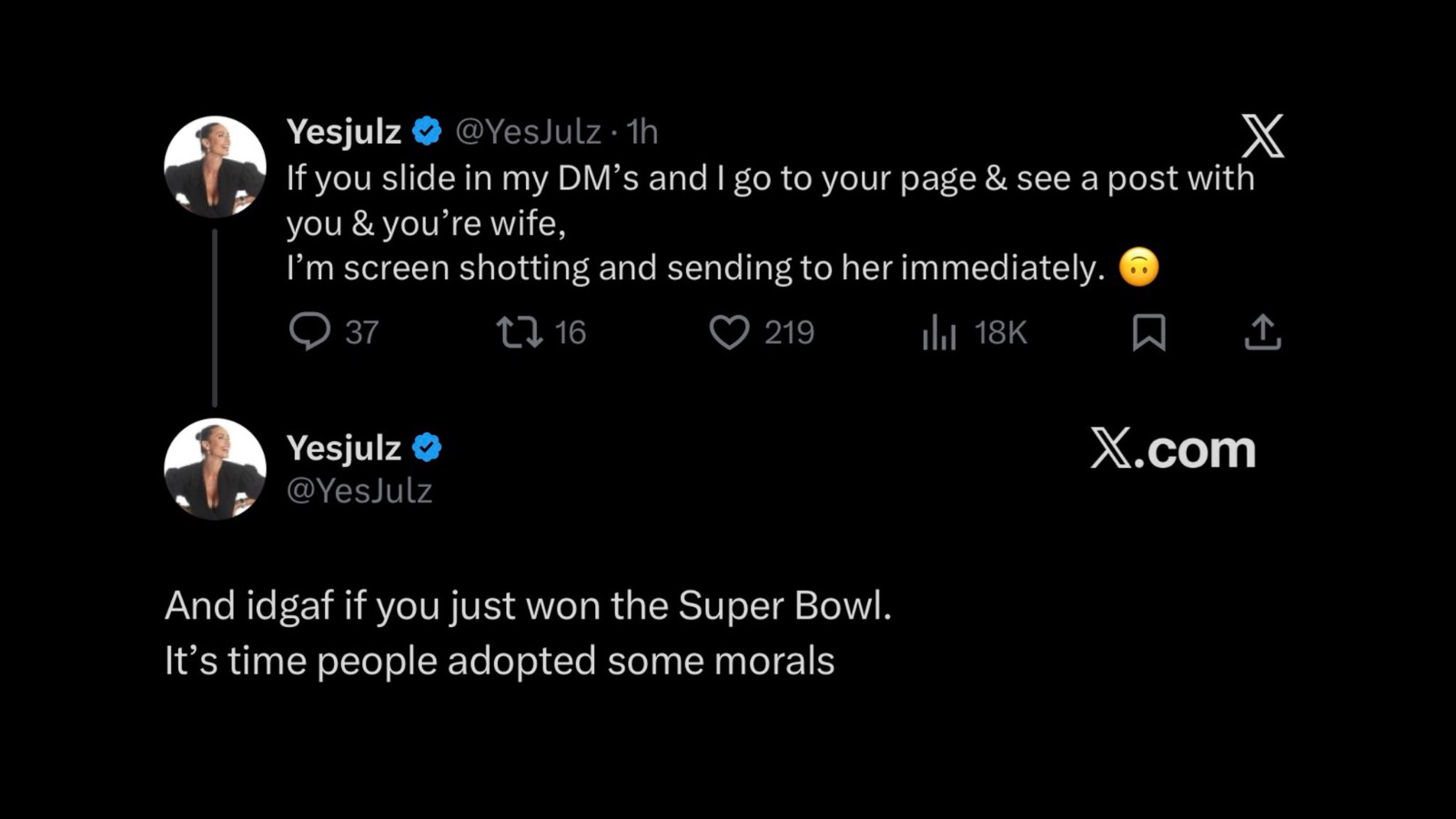 YesJulz calls out married Super Bowl player