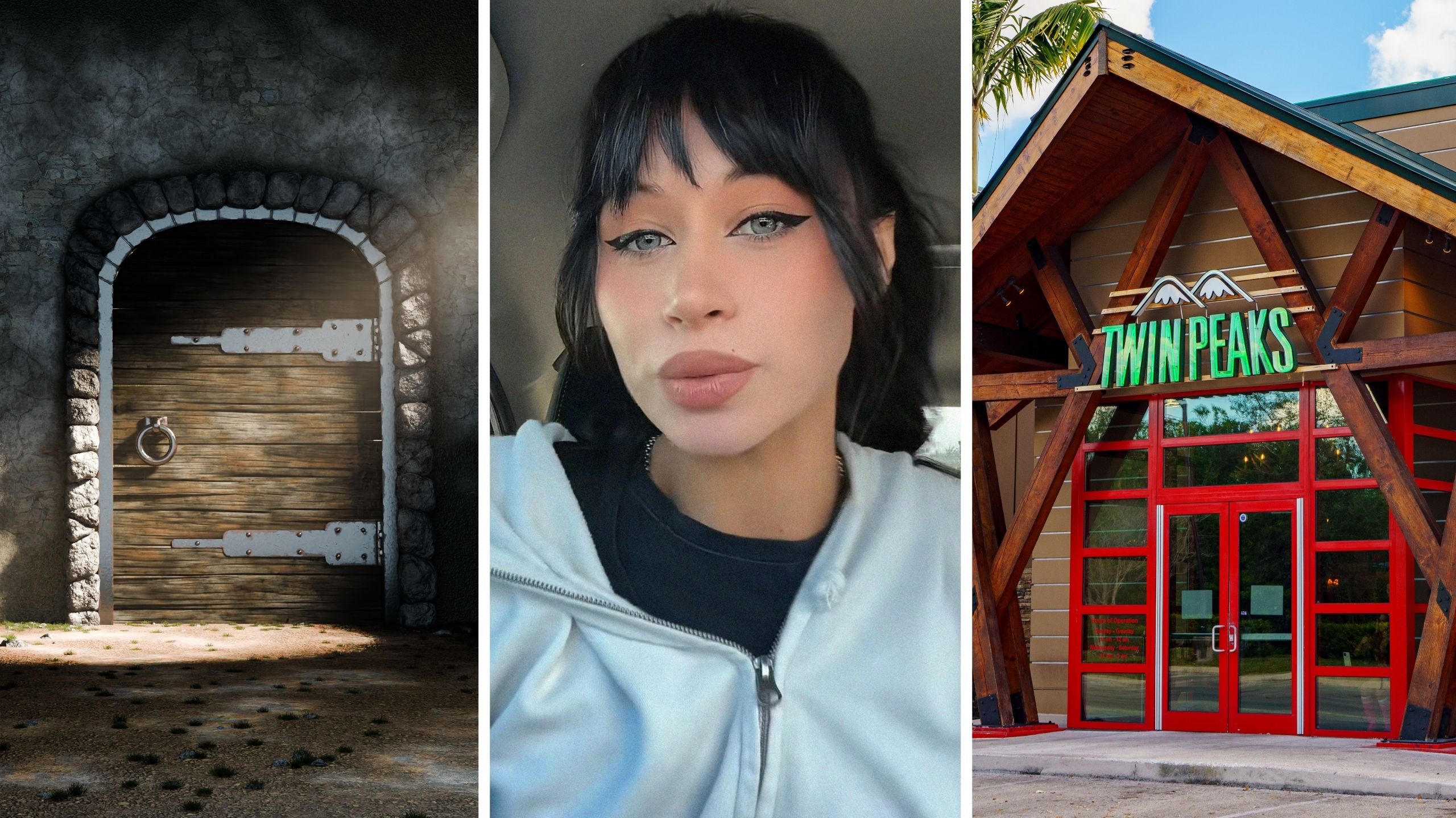scary dungeon (l) woman shares job experience (c) twin Peaks front door (r)
