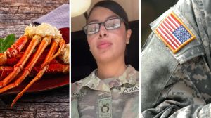 crab legs (l) woman having lunch (c) USA Military (r)