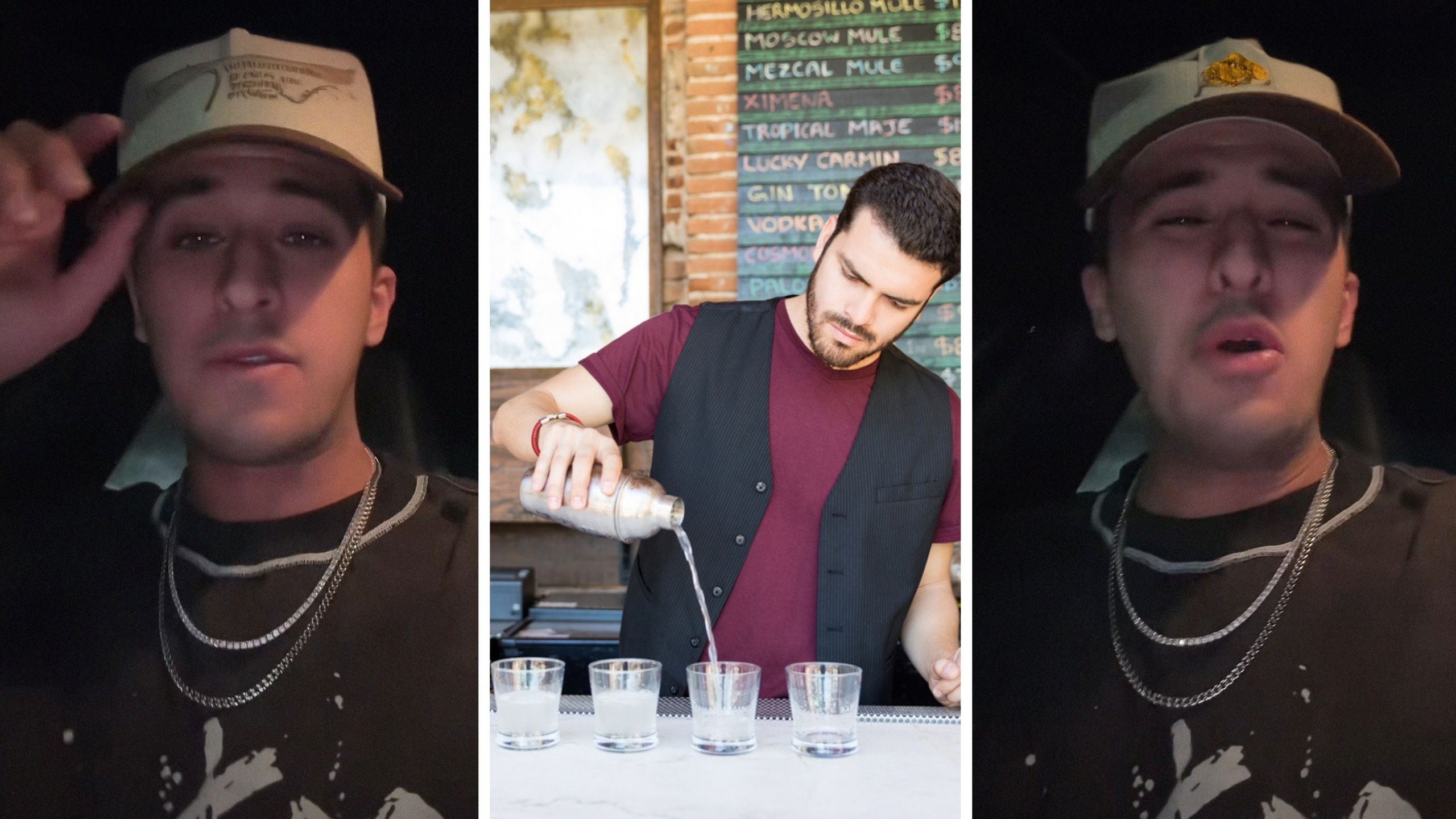 man shares a day in the job (l) bartender doing drink orders (c) man shares customer requests that annoy him (r)