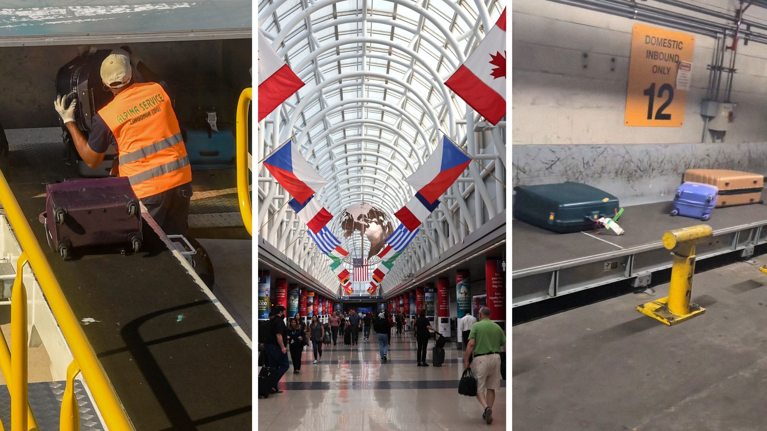 man unloading bags (l) Chicago O’Hare airport (c) flight passengers bags (r)