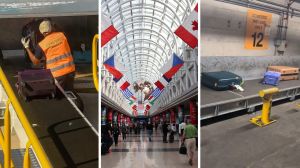 man unloading bags (l) Chicago O’Hare airport (c) flight passengers bags (r)