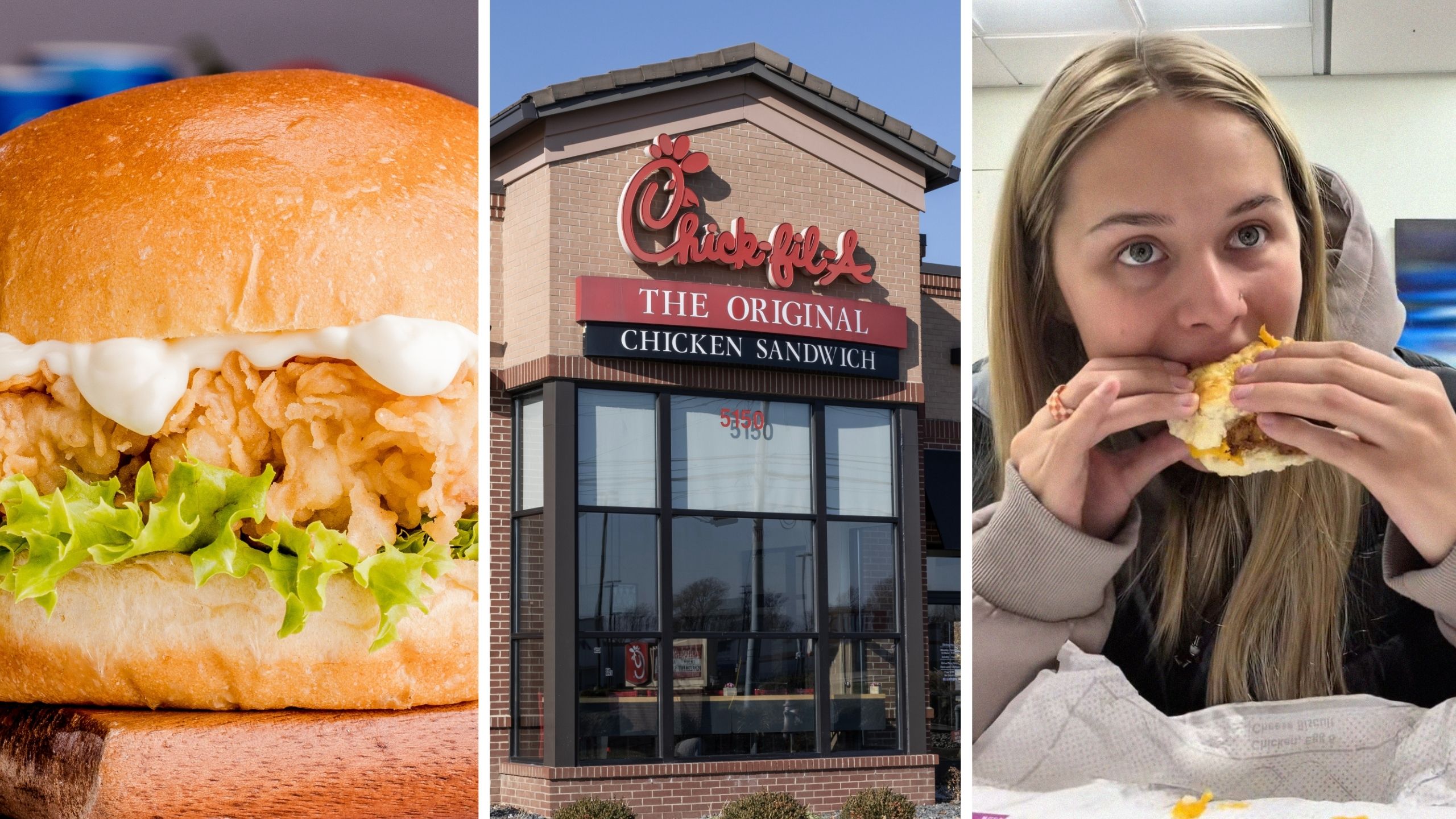 chicken breast sandwich (l) chick-fil-a entrance (c) woman shares food purchase issue (r)