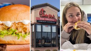 chicken breast sandwich (l) chick-fil-a entrance (c) woman shares food purchase issue (r)