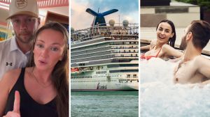 couple shares cruise experience (l) Carnival cruise (c) couple in hot tub (r)