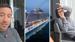 man shares cruise exprience (l) MSC cruise (c) woman shares cruise experience (r)