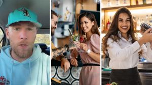 man shares car experience (l) couple at bar during happy hour (c) female bartender (r)