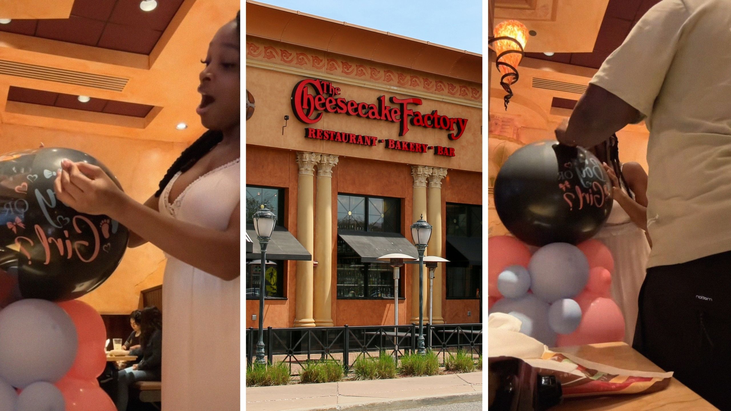 woman shares gender reveal experience (l) the cheesecake factory entrance (c) man trying to pop balloon (r)