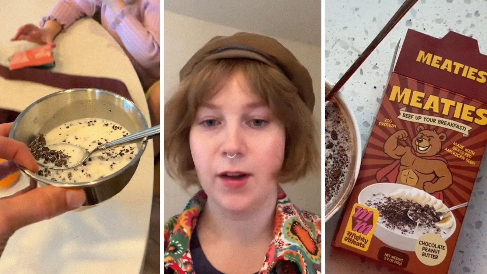 cereal and milk (l) woman shares opinion on beef cereal (c) meaties beef cereal (r)