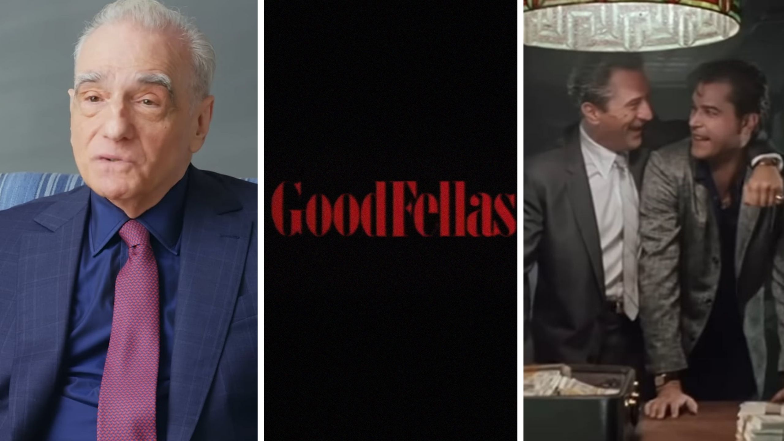 Martin Scorsese in an interview (l) Goodfellas movie cover (c) Goodfellas scene (r)