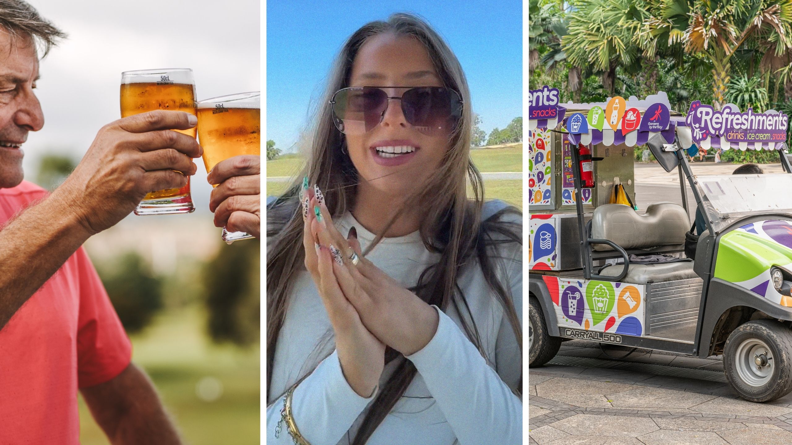 male golfers drinking beer (l) beverage cart girl shares a day in the job (c) beverage cart (r)